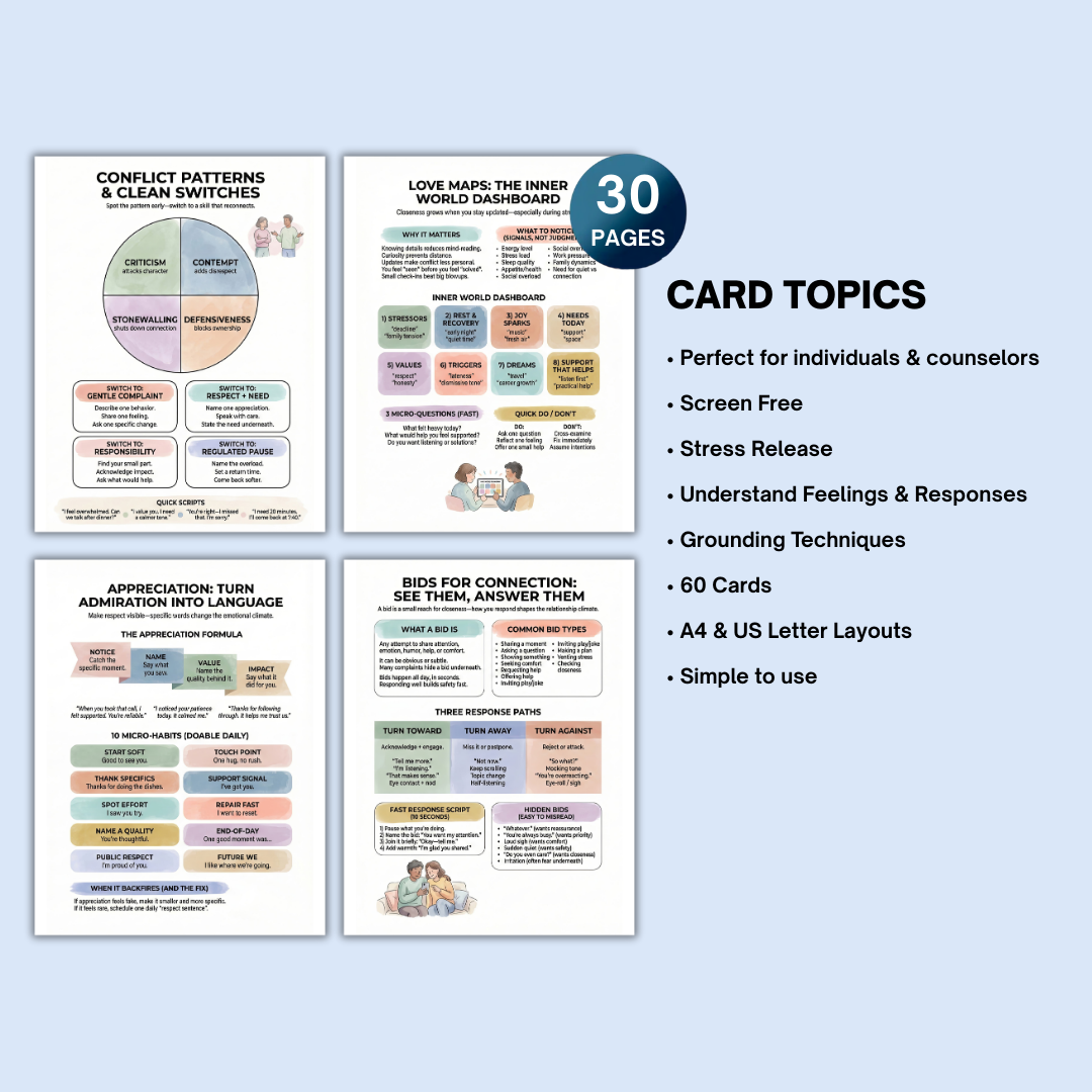 Gottman Method Workbook, Couples Communication Worksheets, Relationship Skills Cheat Sheets + Skills Wheel Poster Printable PDF