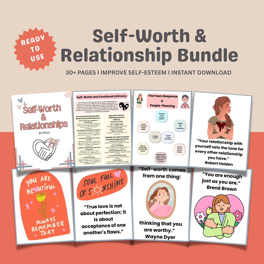 Self Worth & Relationship Bundle, 30 Pages, Couples Therapy Worksheets, Relationship, Self-care, Instant Download