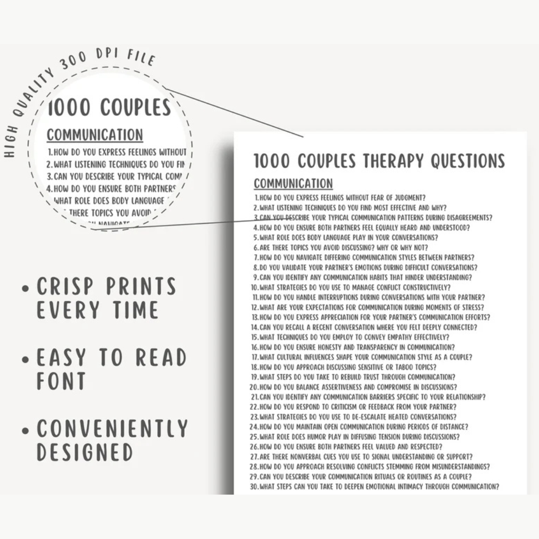 1000 Couples Therapy Questions, Marriage Session Questions, Couples Interventions, Communication Tools