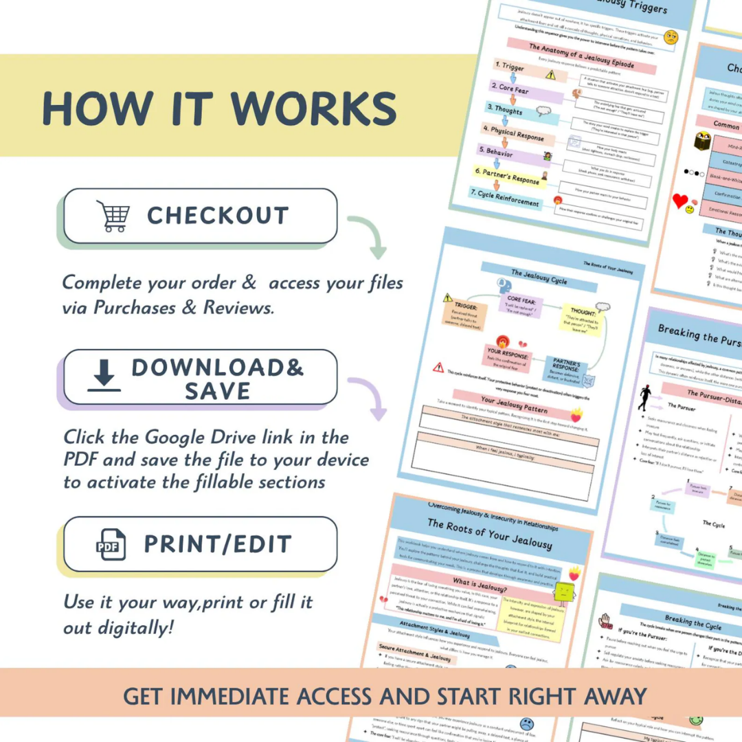 Relationship Anxiety Worksheets, Jealousy, Insecurity & Trust Building Exercises for Couples and Counseling